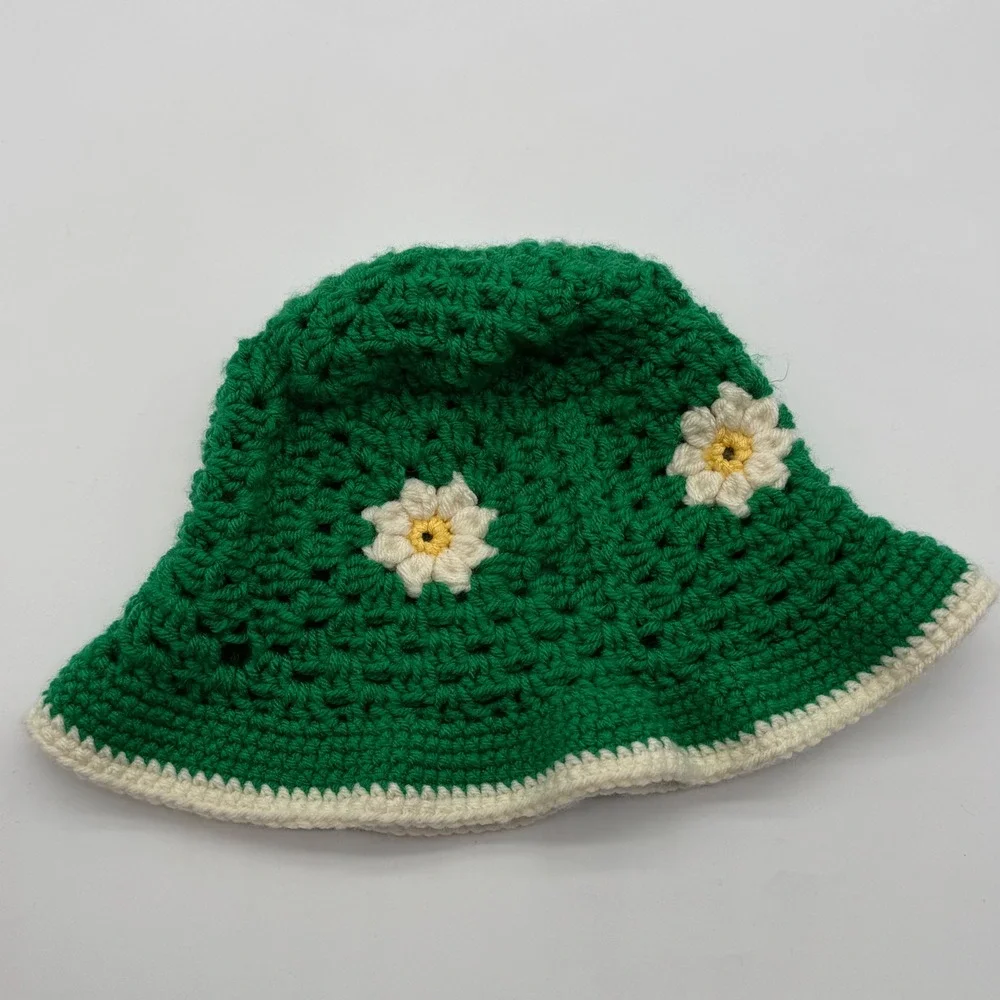 Vintage Handmade Green‎ Crochet Daisy Bucket Hat Floral Boho Festival Accessory